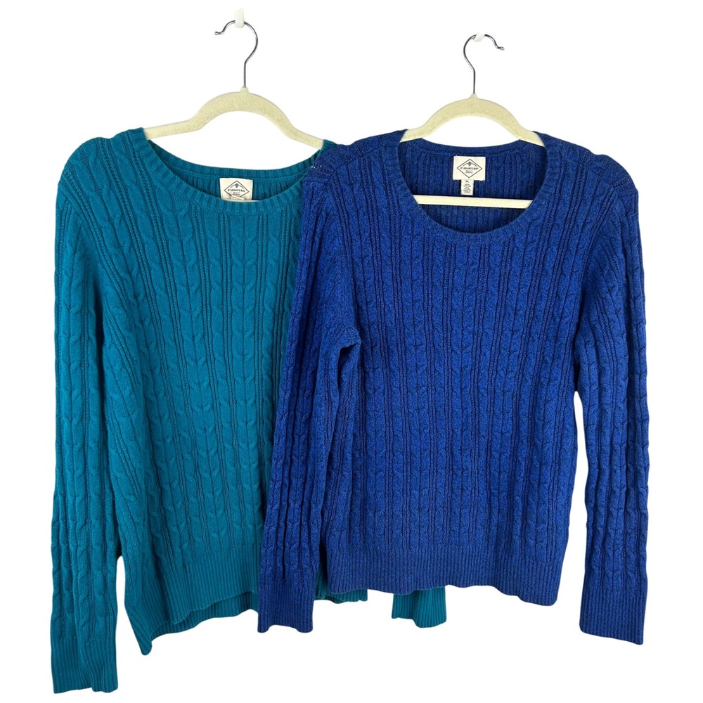 St. Johns Bay Womens Cable Knit Sweaters Blue Green Teal 2 Set XL Cotton Blend‎